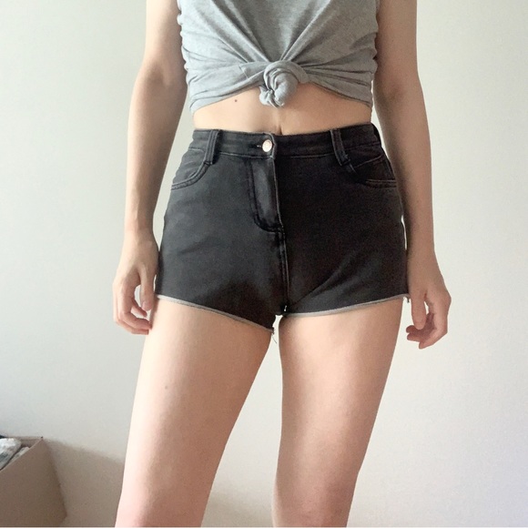 High Rise Stretchy Charcoal Grey Denim Shorts - Picture 2 of 8